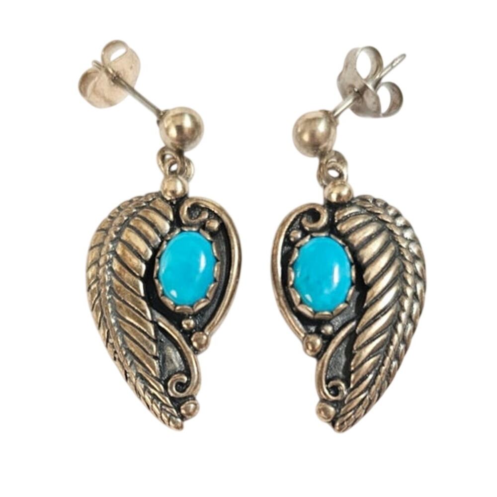Vintage Wheelers Sterling Silver Turquoise Leaf & Filigree Earrings